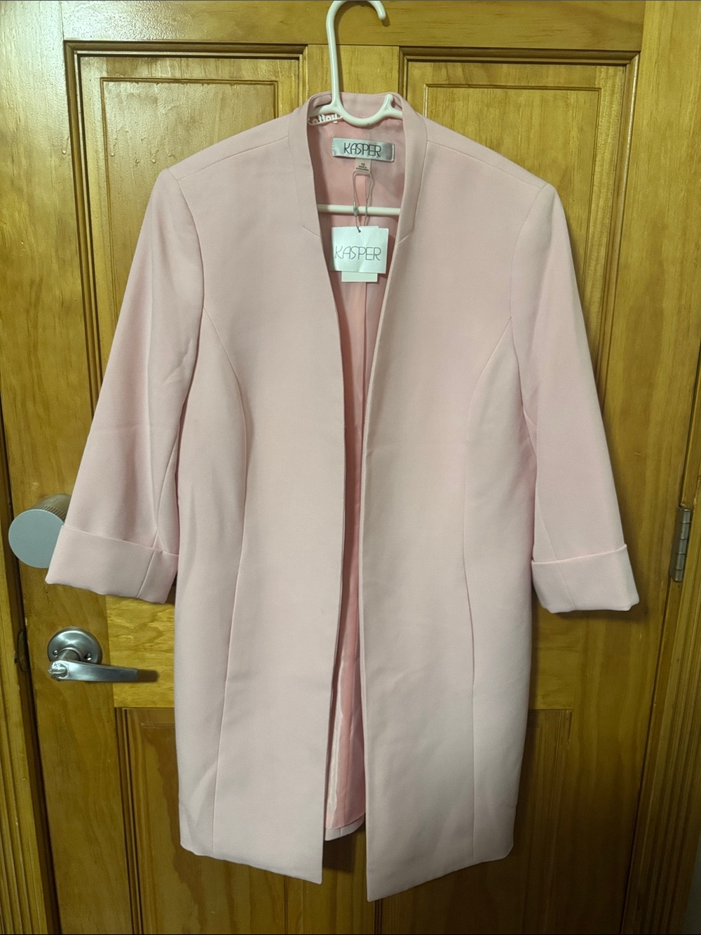 Kasper Pale Pink Open-Front Long Collarless Blazer